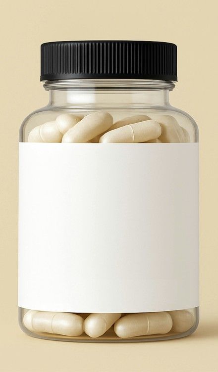 Clear bottle with a white label filled with capsules